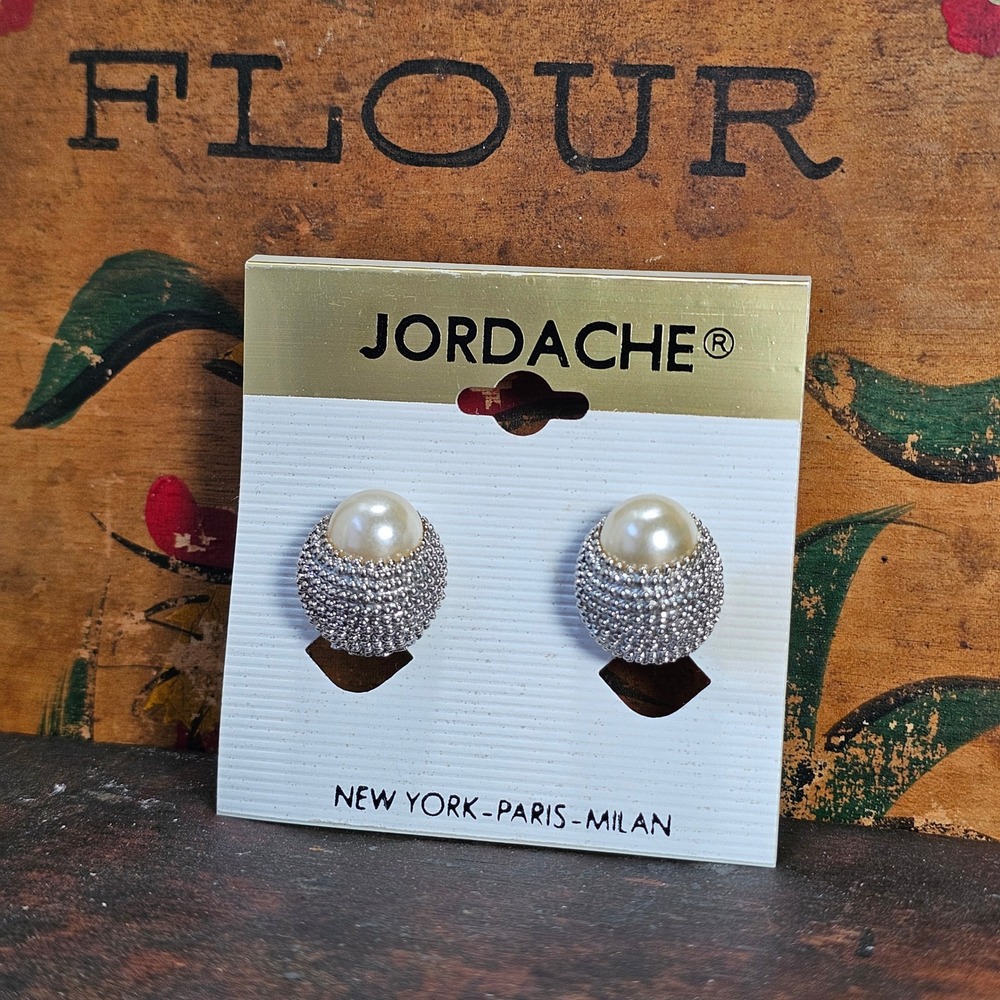 Silver Faux Pearl Stud Clip On NOS Jordache Earrings Women OSTextured Dome